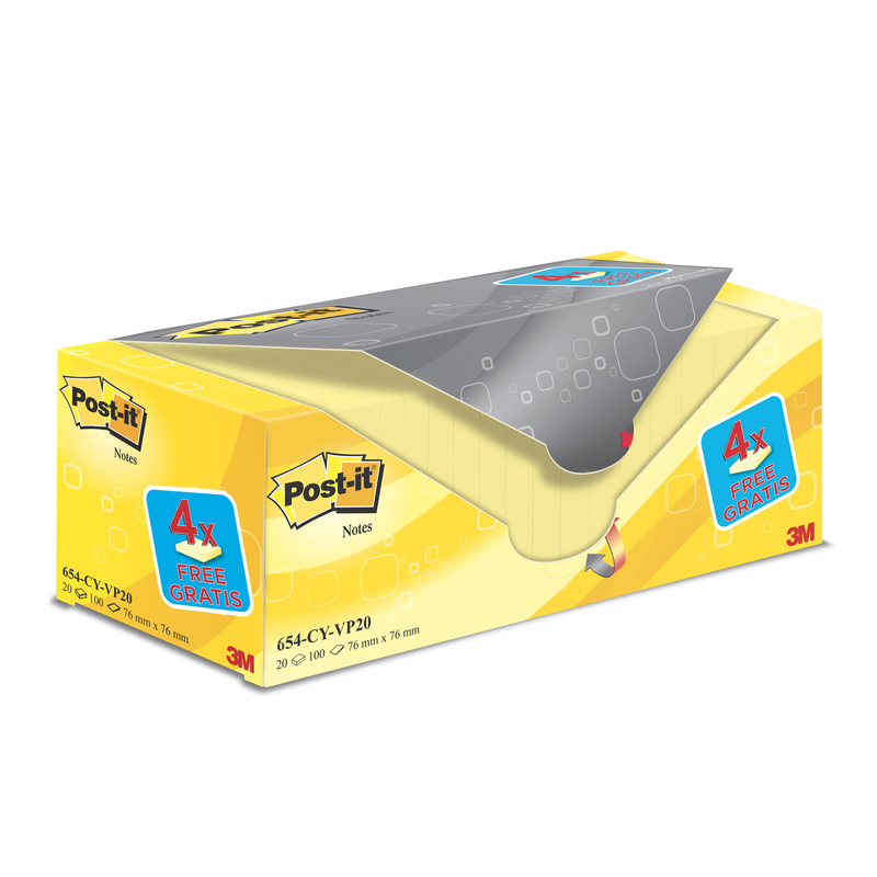 VALUE PACK 16+4 BLOCCO 100fg Post-itR Giallo Canary 76x76mm 72GR 654CY-VP20