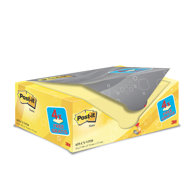 VALUE PACK 16+4 BLOCCO 100fg Post-itR Giallo Canary 76x127mm 72GR 655CY-VP20