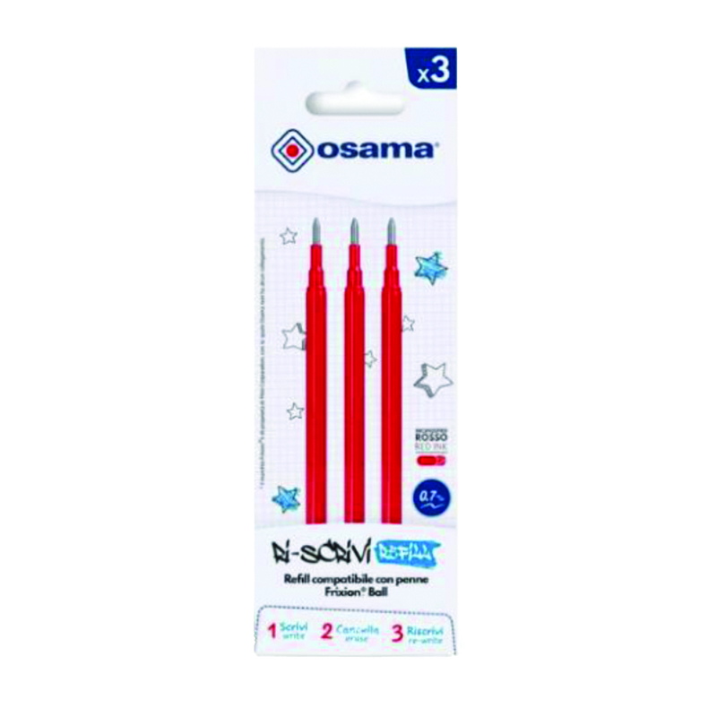 Set 3 refill inchiostro gel RiSCRIVI cancellabile 0,7mm rosso OSAMA