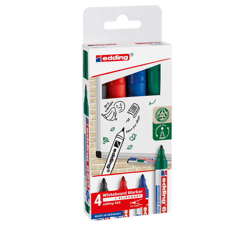 BUSTA 4 MARCATORI PER LAVAGNE BIANCHE EDDING 660 TRATTO 1,5 - 3,00mm COL ASS.