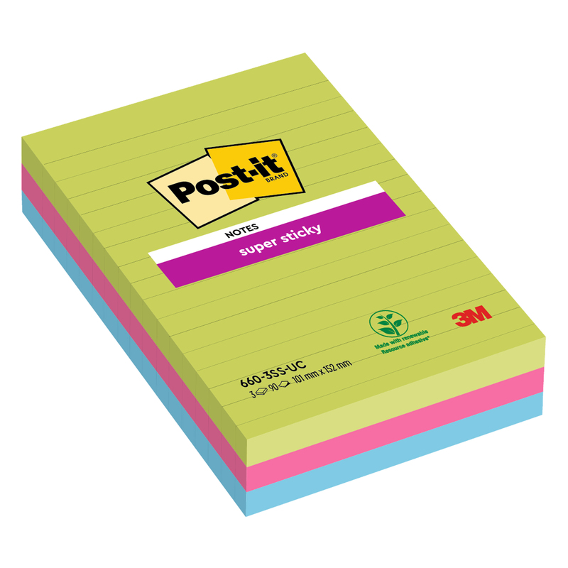 BLOCCO 90foglietti Post-itR Super Sticky RIGHE 101x152mm 660-3SSUC COLORI ULTRA