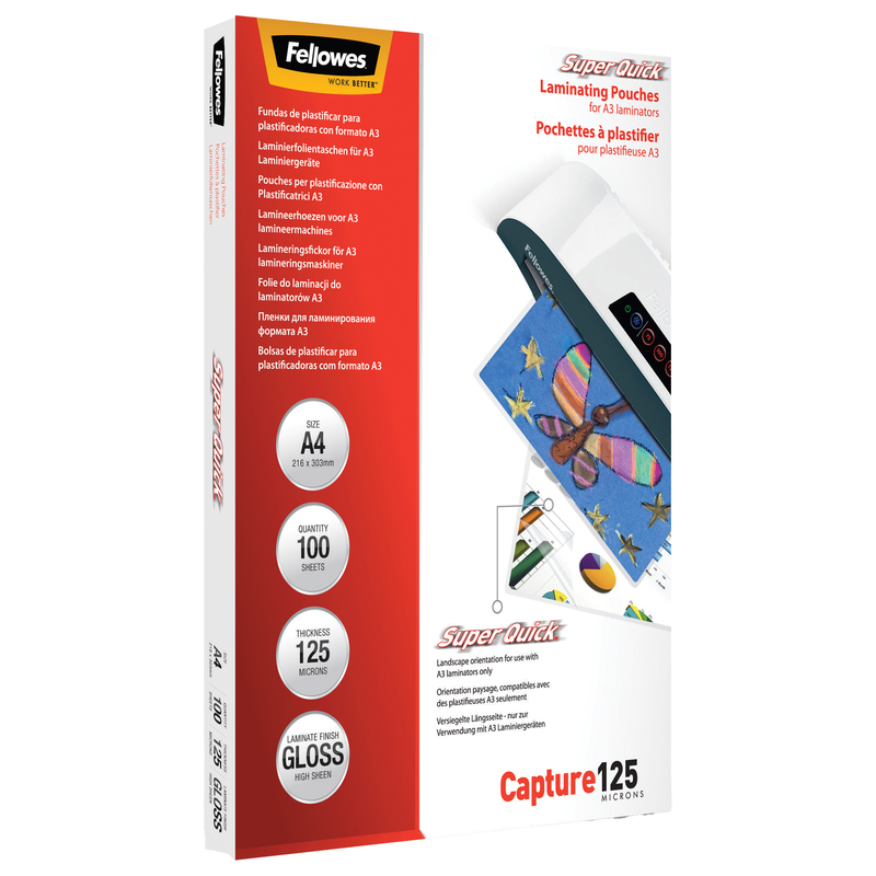 Scatola 100 pouches CAPTURE125 SuperQuick 125mic A4 Fellowes
