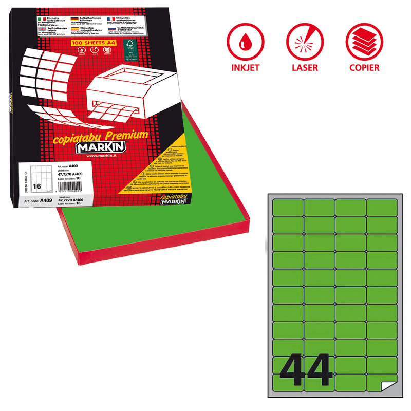 Etichetta adesiva A/406 verde fluo 100fg A4 47,5x25,5mm (44et/fg) Markin