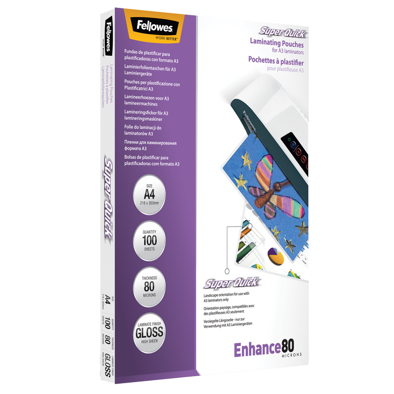 Scatola 100 pouches ENHANCE80 SuperQuick 80mic A4 Fellowes