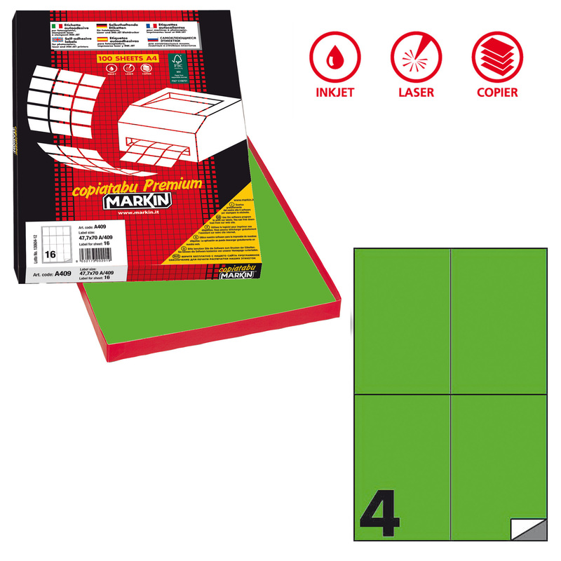 Etichetta adesiva C/519 verde fluo 100fg A4 105x148,5mm (4et/fg) Markin