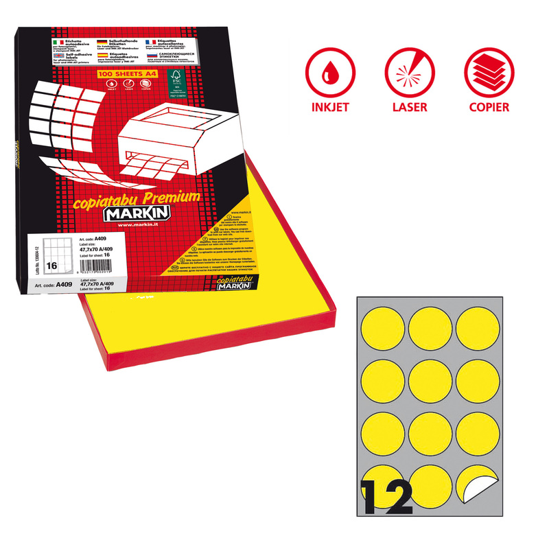 Etichetta adesiva R/310 giallo fluo 100fg A4 tonda D60mm (12et/fg) Markin