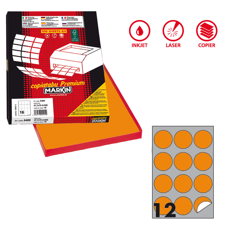Etichetta adesiva R/310 arancio fluo 100fg A4 tonda D60mm (12et/fg) Markin