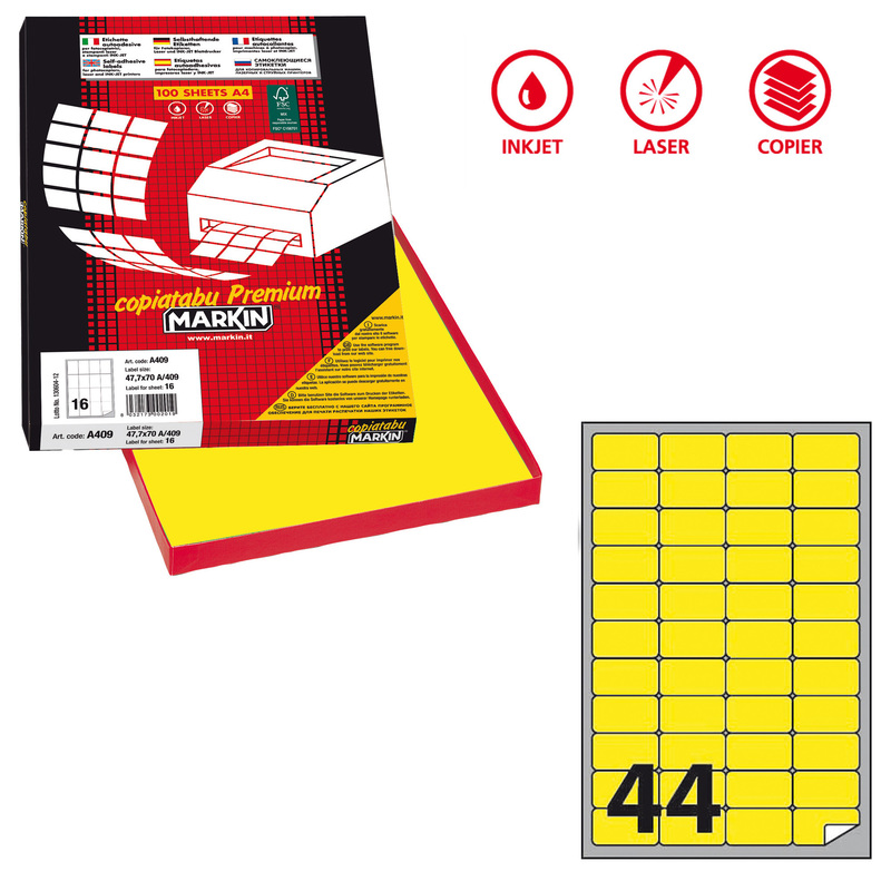Etichetta adesiva A/406 giallo fluo 100fg A4 47,5x25,5mm (44et/fg) Markin