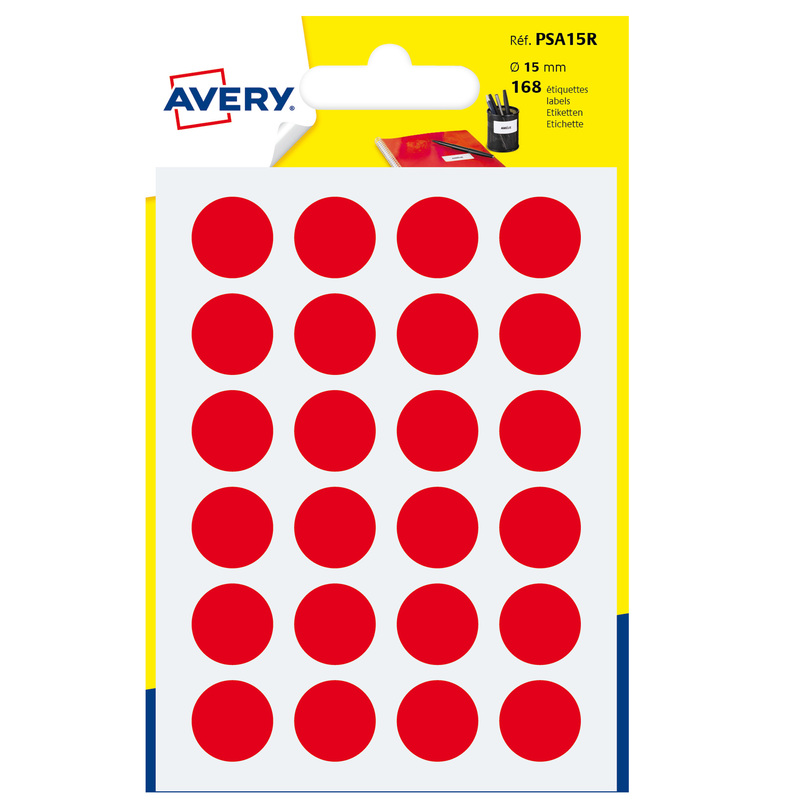 Blister 168 etichetta adesiva tonda PSA rosso D15mm Avery