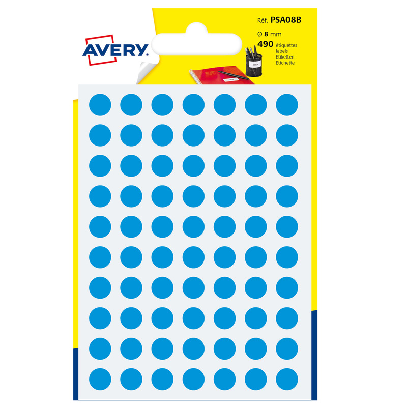 Blister 490 etichetta adesiva tonda PSA blu D8mm Avery