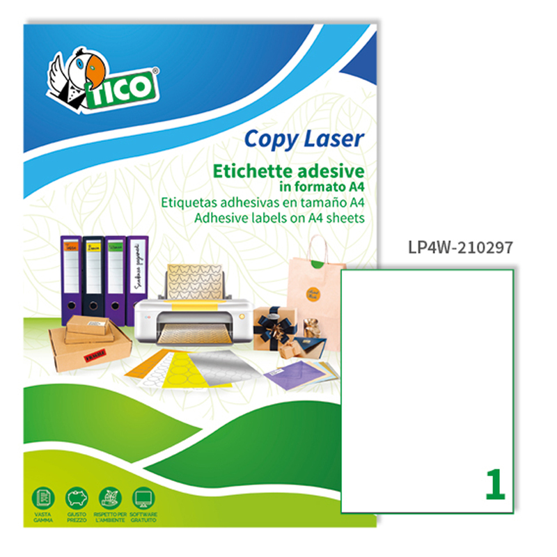 Etichetta adesiva LP4W bianca 100fg A4 210x297mm (1et/fg) Tico