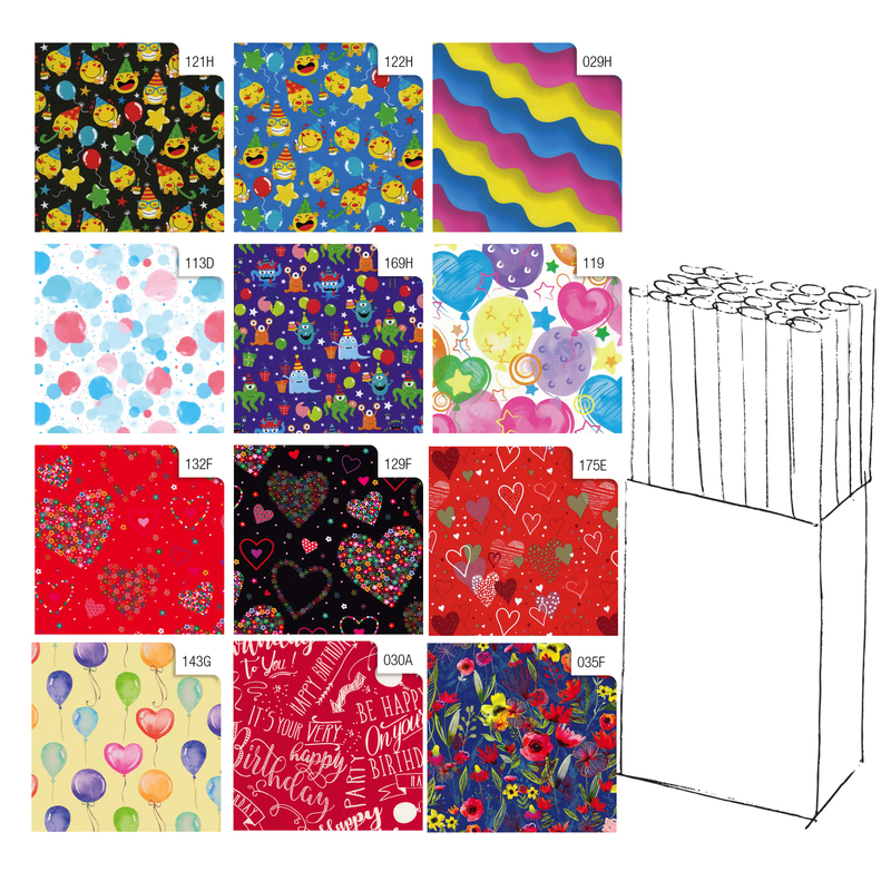 Espositore 50 rotoli carta regalo in fantasie assortite 2mt x 70cm Rex Sadoch