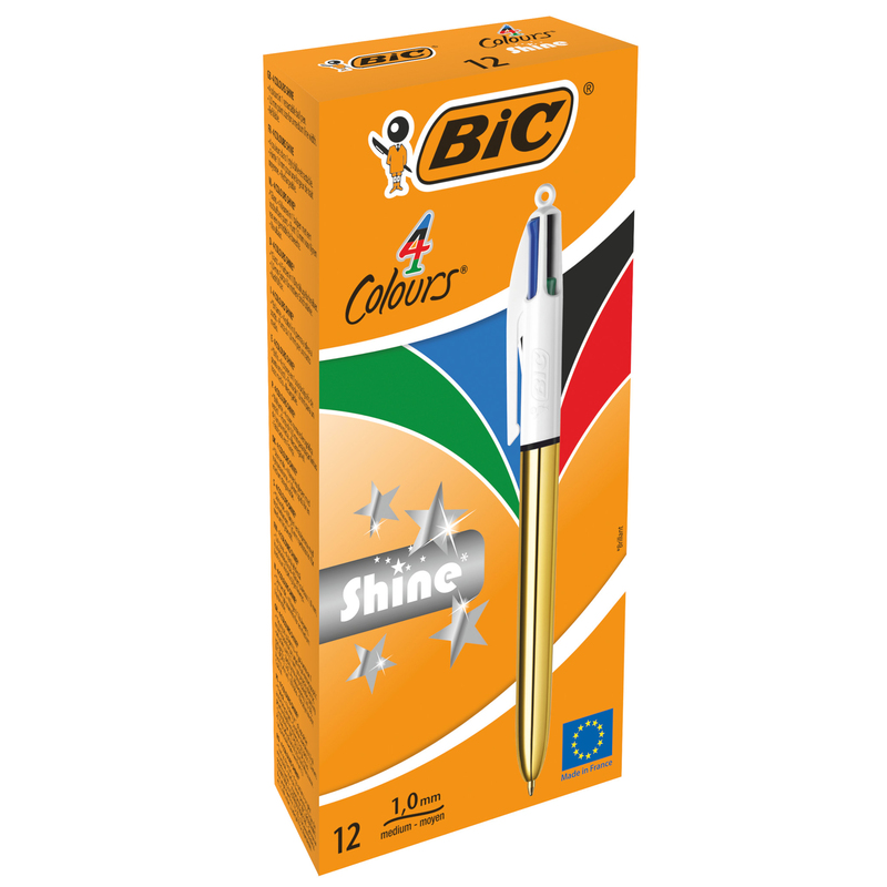 Scatola 12 penne sfera a scatto 4Colors Shine oro BIC
