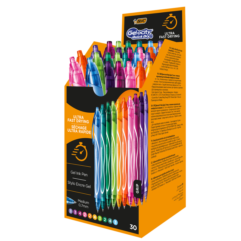 Box 30 penne sfera scatto 10 colori assortiti Gelocity quick dry BICR