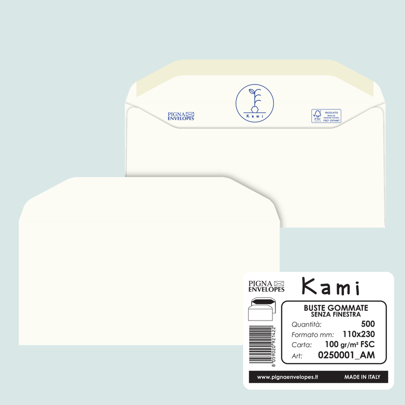 500 busteKAMI GOMMATE bianca carta riciclataFSCRs/finestra 110x230mm 100gr Pigna