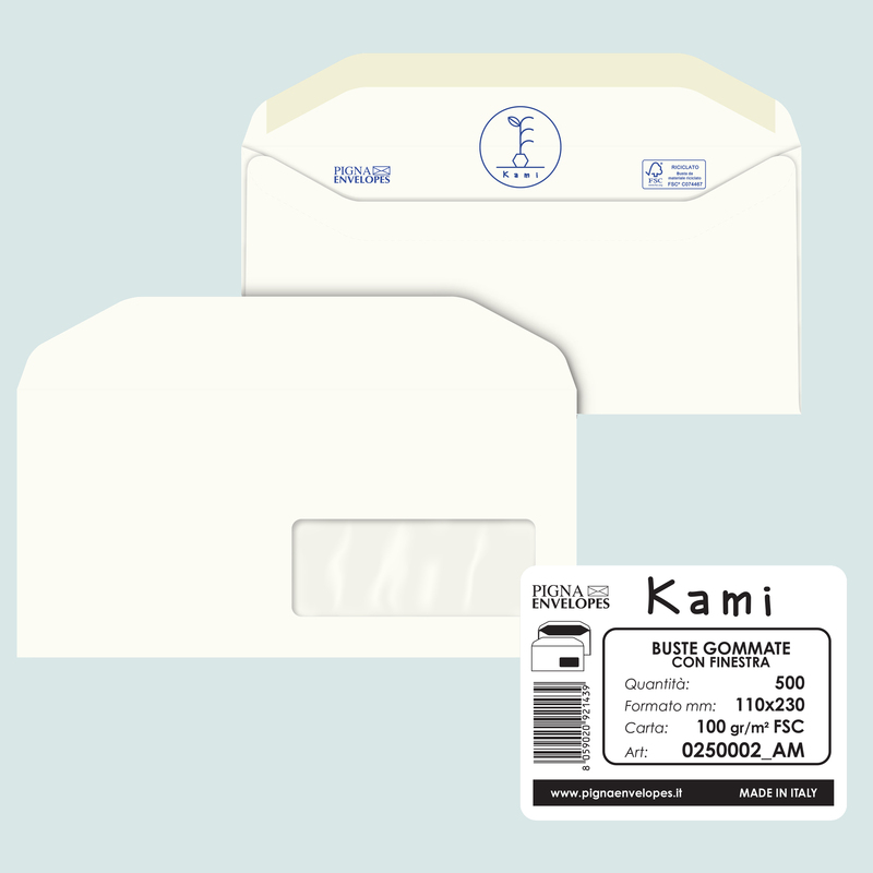 500 busteKAMI GOMMATE bianca carta riciclata FSCRc/finestra110x230mm 100gr Pigna