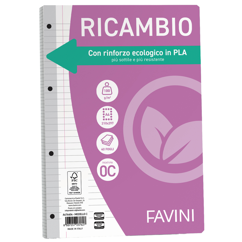 Ricambi c/rinforzo ecologico f.to A4 100gr 40fg 1 rigo c/margine Favini
