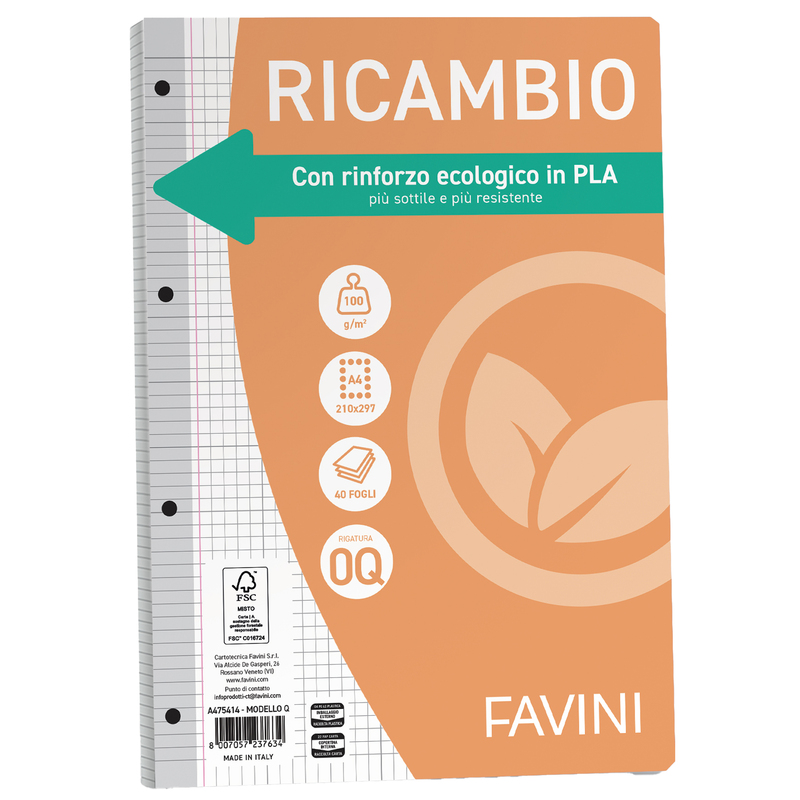 Ricambi c/rinforzo ecologico f.to A4 100gr 40fg 5mm c/margine Favini