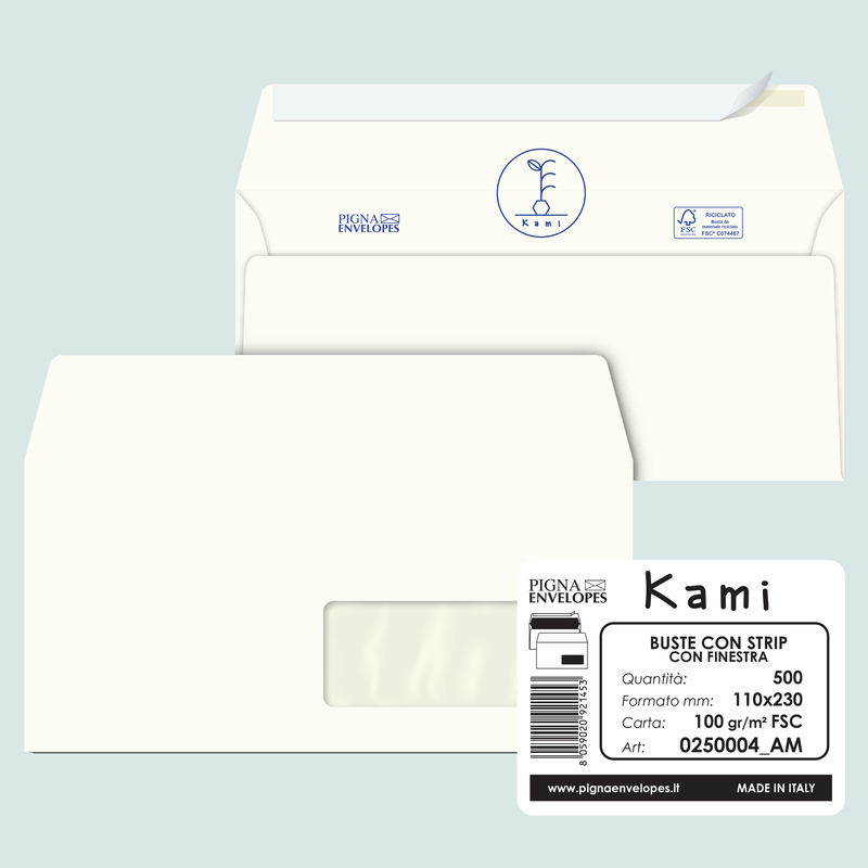 500 buste KAMI STRIP bianca carta riciclata FSC c/finestra 110x230mm 100gr Pigna