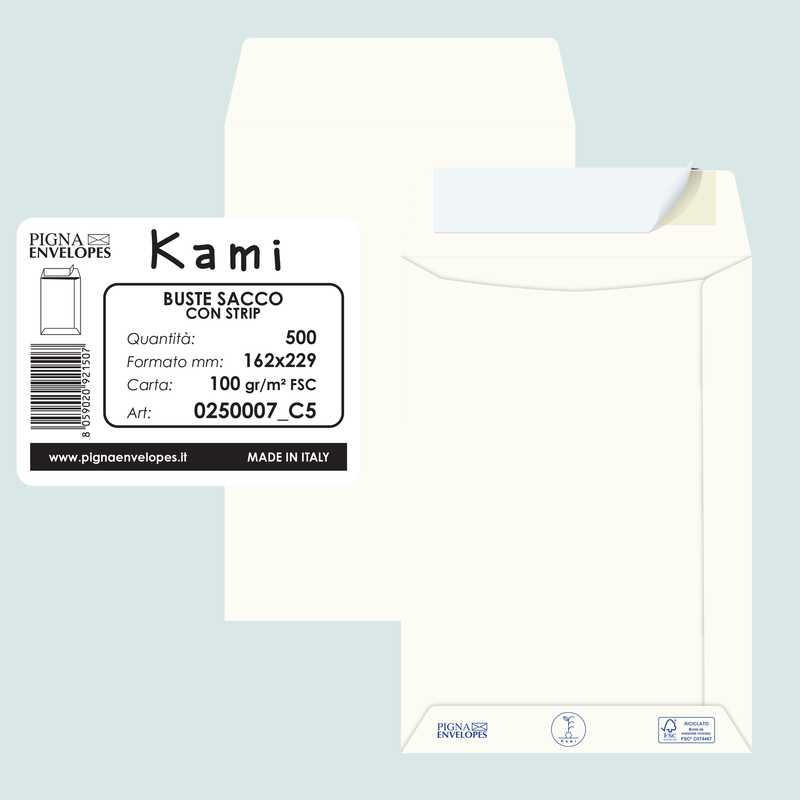 500 buste sacco KAMI STRIP bianca carta riciclata FSCR 162x229mm 100gr Pigna Env
