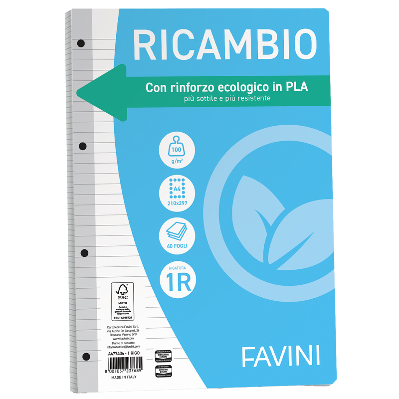 Ricambi c/rinforzo ecologico f.to A4 100gr 40fg 1 rigo Favini