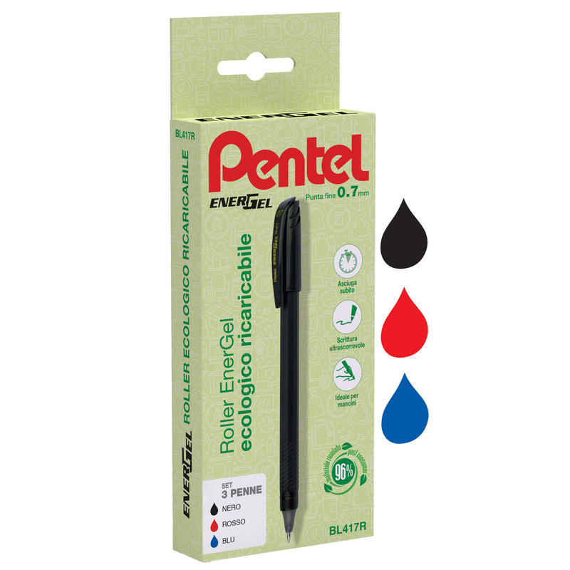 Astuccio 3 roller Energel Recycology 96 punta 0,7mm nero/rosso/blu Pentel