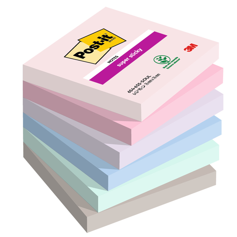 Cf. 6pz blocco 90foglietti Post-itR Super Sticky 76x76mm 654-6SS-SOUL Soulful