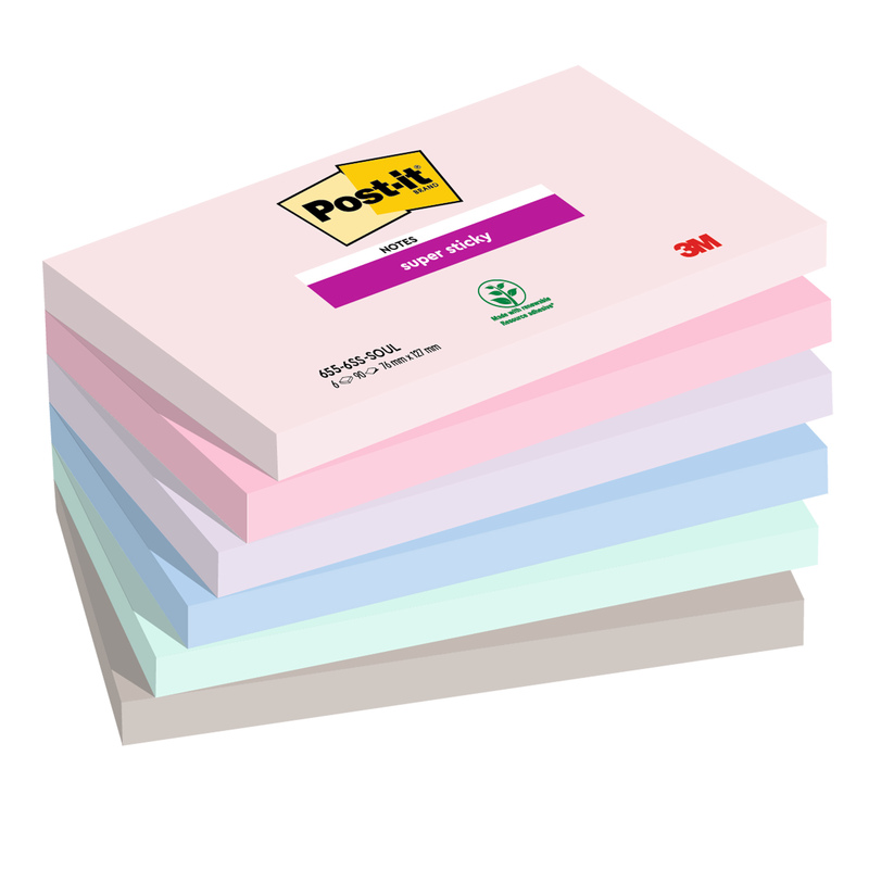 Cf. 6pz blocco 90foglietti Post-itR Super Sticky 76x127mm 655-6SS-SOUL Soulful