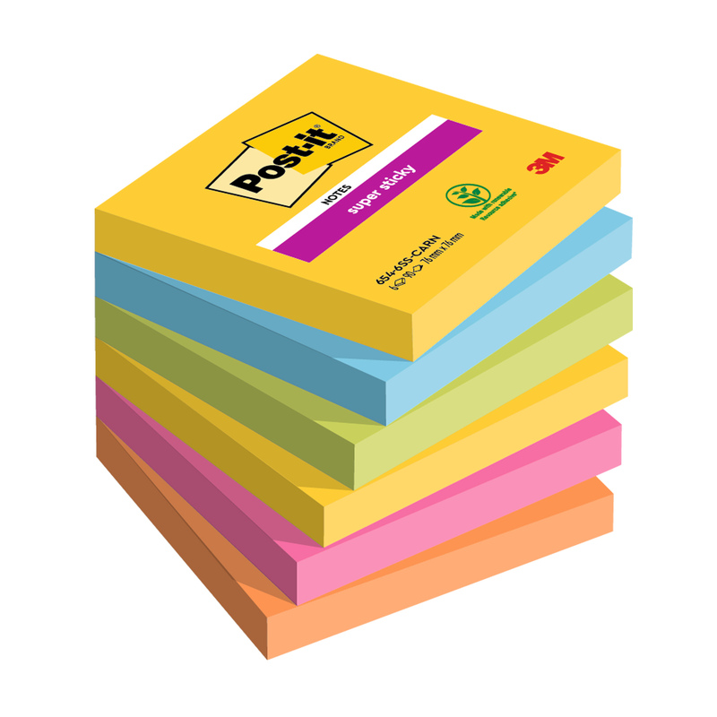 Cf. 6pz blocco 90foglietti Post-itR Super Sticky 76x76mm 654-6SS-CARN Carnival