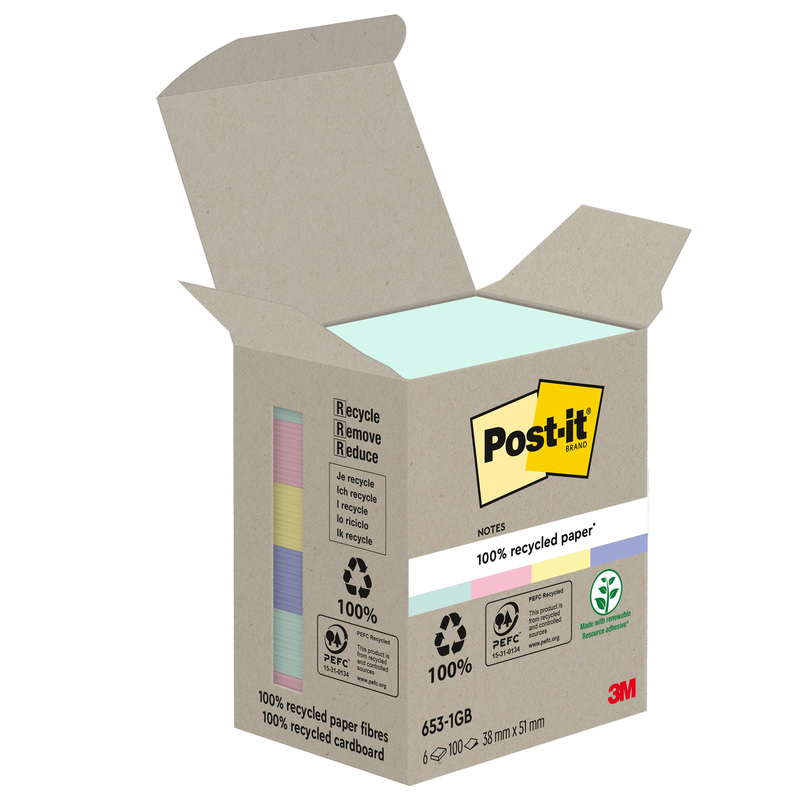 Cf. 6pz blocco 100fg. Post-itR Notes Green 38x51mm 653-1GB NATURAL