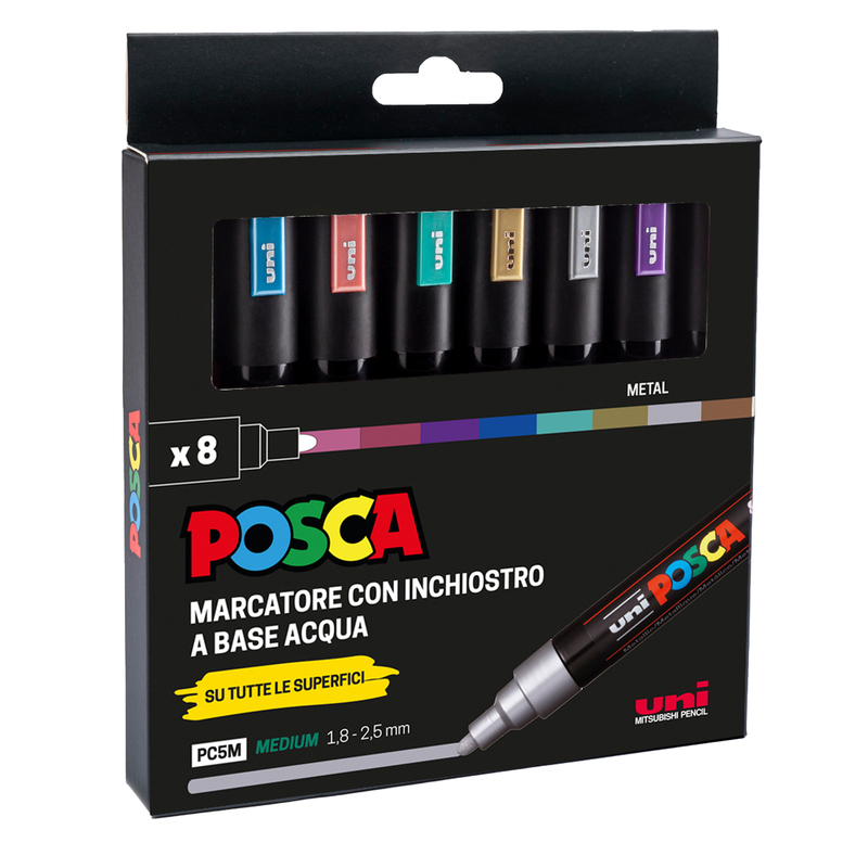 Astuccio 8 marcatore Uni Posca PC5M p.media 1,8-2,5mm col.ass. metal UNI