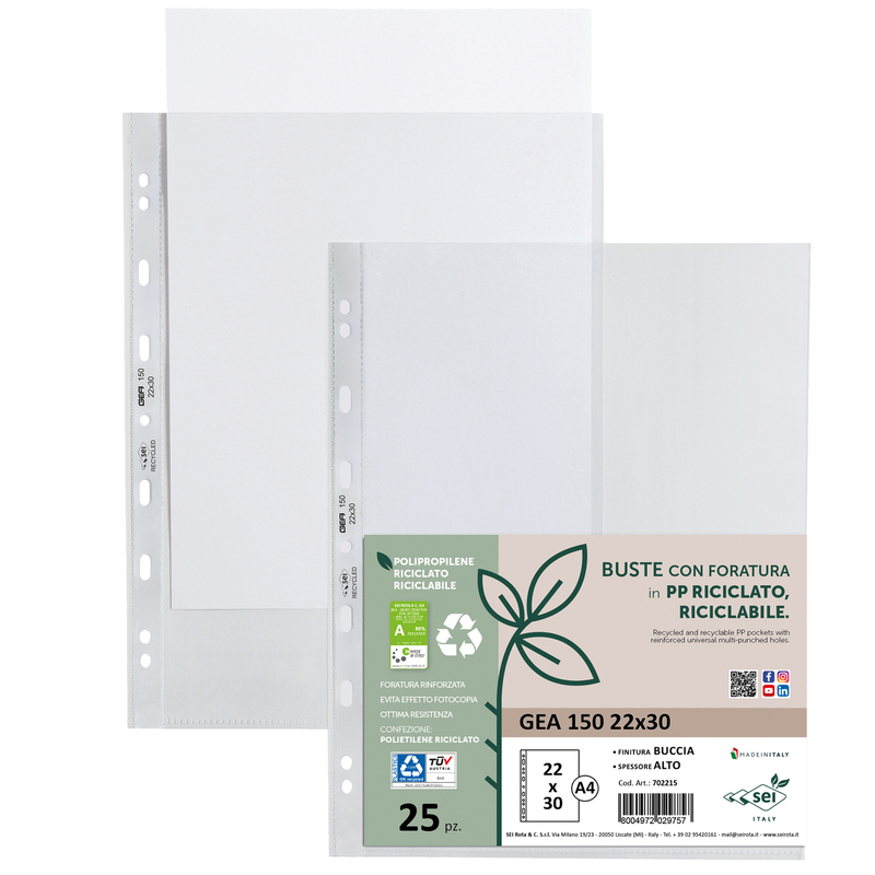 Conf 25 Buste forate in PP riciclato buccia pesante 22x30cm GEA 150 Sei rota