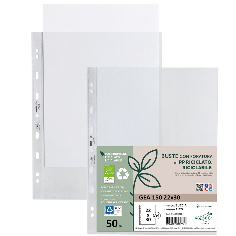 Conf 50 Buste forate in PP riciclato buccia pesante 22x30cm GEA 150 Sei rota