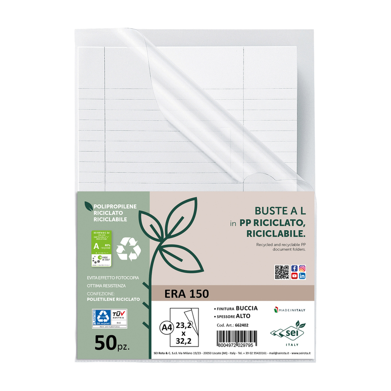 Conf 50 cartelline a L in PP riciclato buccia A4 ERA 150 Sei rota
