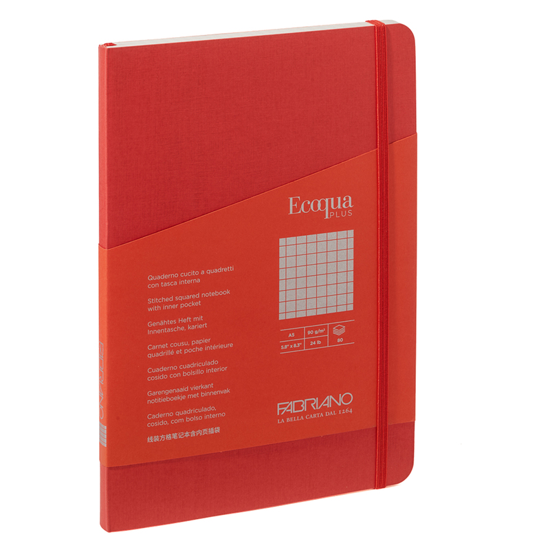 Taccuino c/elastico Ecoqua Plus cucito f.to A5 80 fogli 5mm lampone Fabriano