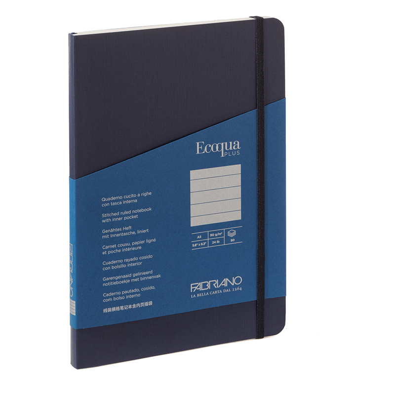 Taccuino c/elastico Ecoqua Plus cucito f.to A5 80 fg. righe blu scuro Fabriano