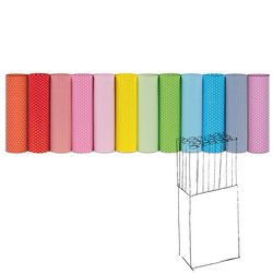 Espositore 50 rotoli carta regalo 2mt x 70cm fantasie righe e pois Rex Sadoch