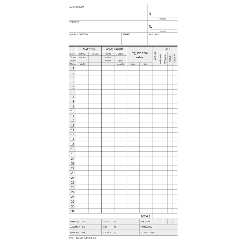 100 schede Orologio Presenze mensile 22,5x10,4cm 275gr. 558200000G