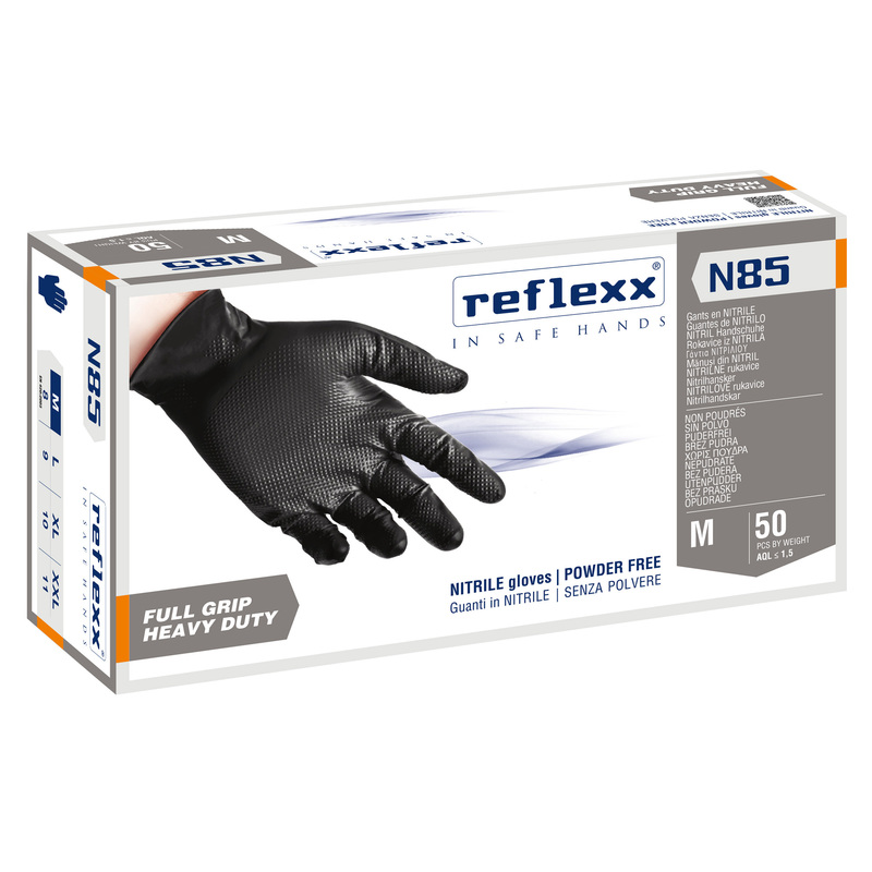 Conf 50 Guanti In Nitrile N85B nero tg M ultra resistenti Reflexx