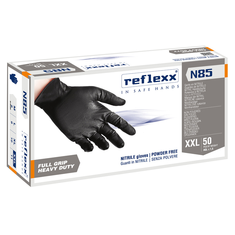Conf 50 Guanti In Nitrile N85B nero tg XXL ultra resistenti Reflexx