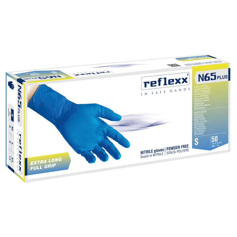 Conf 50 Guanti in nitrile N65 Plus s/polvere taglia S blu Reflexx (delist)