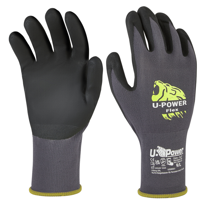 Guanti di protezione FLEX taglia 08 nero grigio c/polsino giallo U-Power