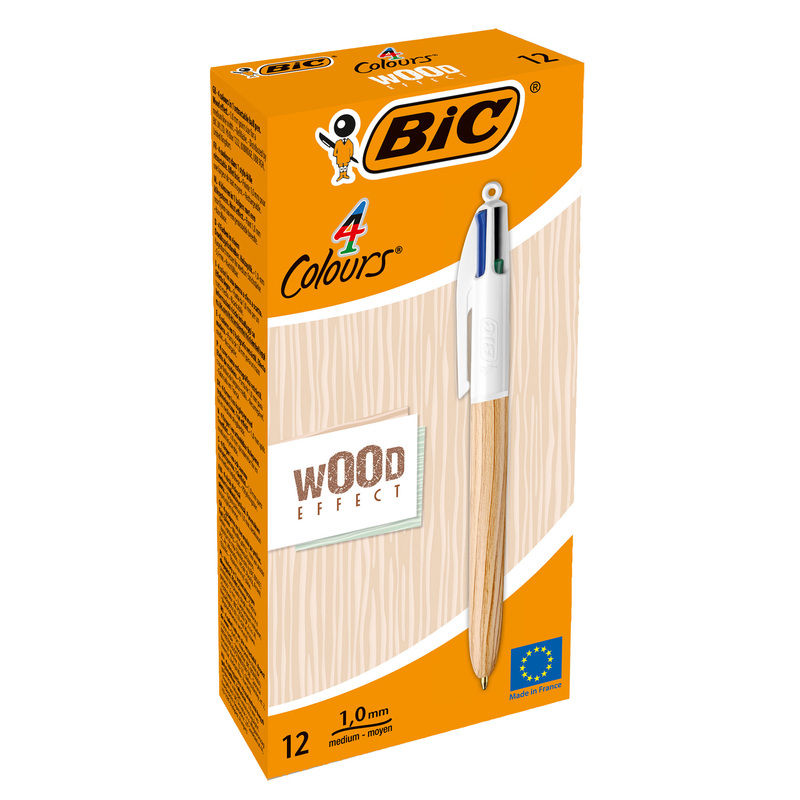 Scatola 12 penna sfera a scatto 4 Colori Wood 1.0mm BICR