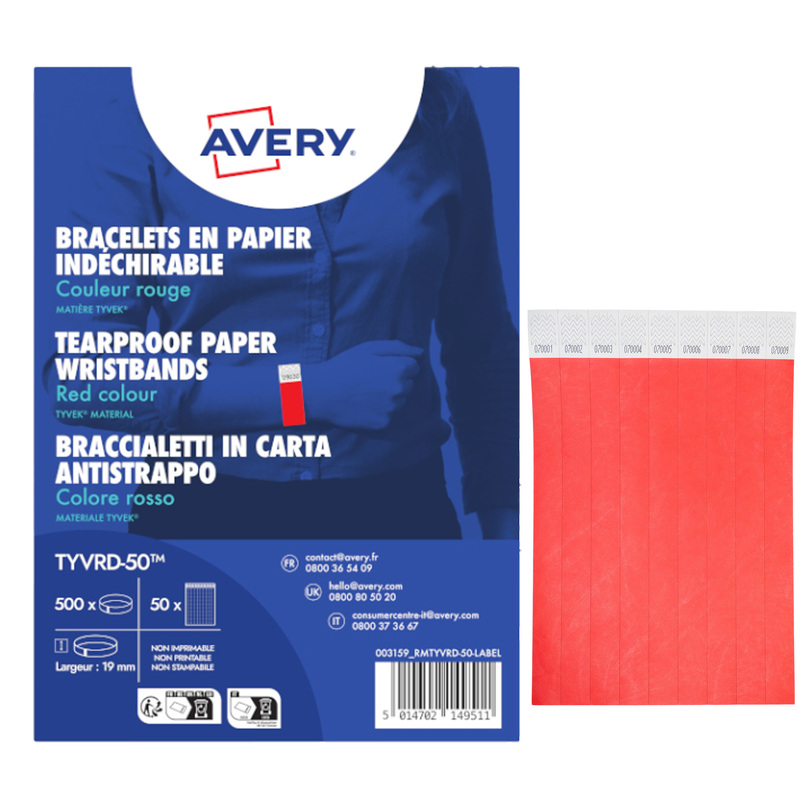 Conf. 500 braccialetti identificativi in TyvekR rosso fluo 256x19mm (10et/fg) 50