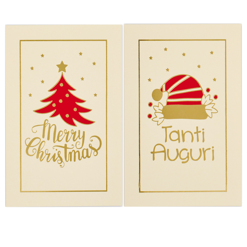 Biglietto Natale doppio 9x14cm cartoncino bianco fantasie assortite Sadoch