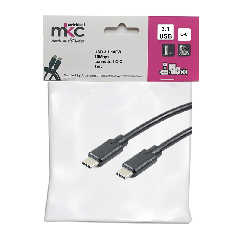 Cavo USB 3.1 100W 10Mbps con connettori C-C - 1mt