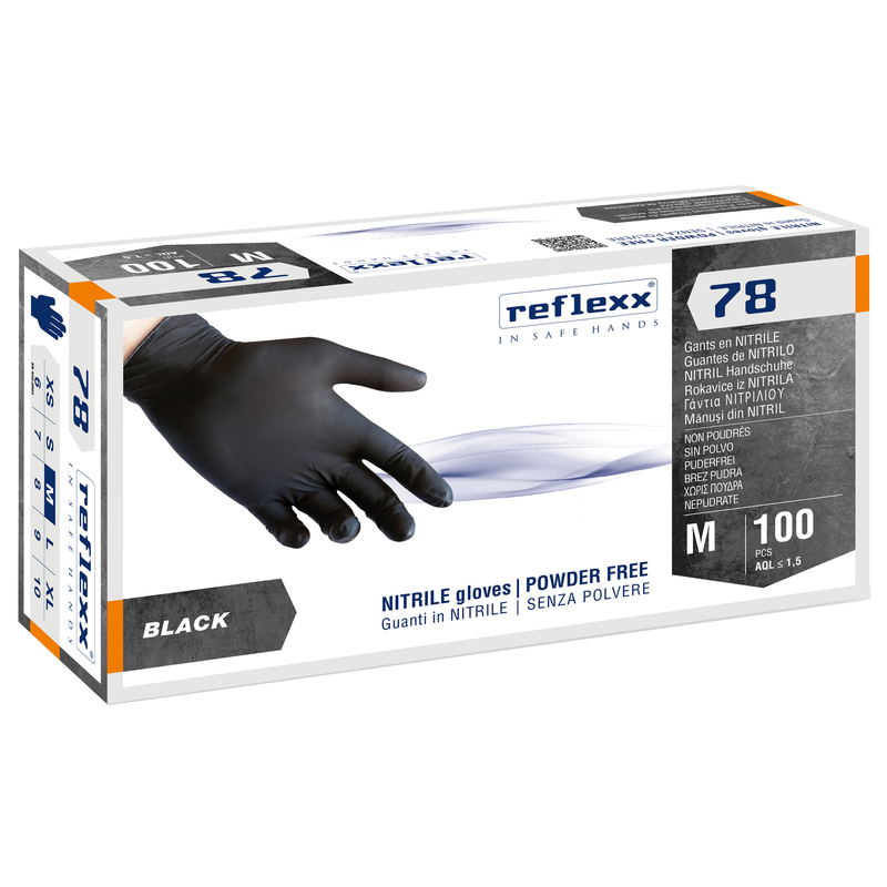 Conf 100 Guanti in nitrile R78 s/polvere tg M nero Reflexx