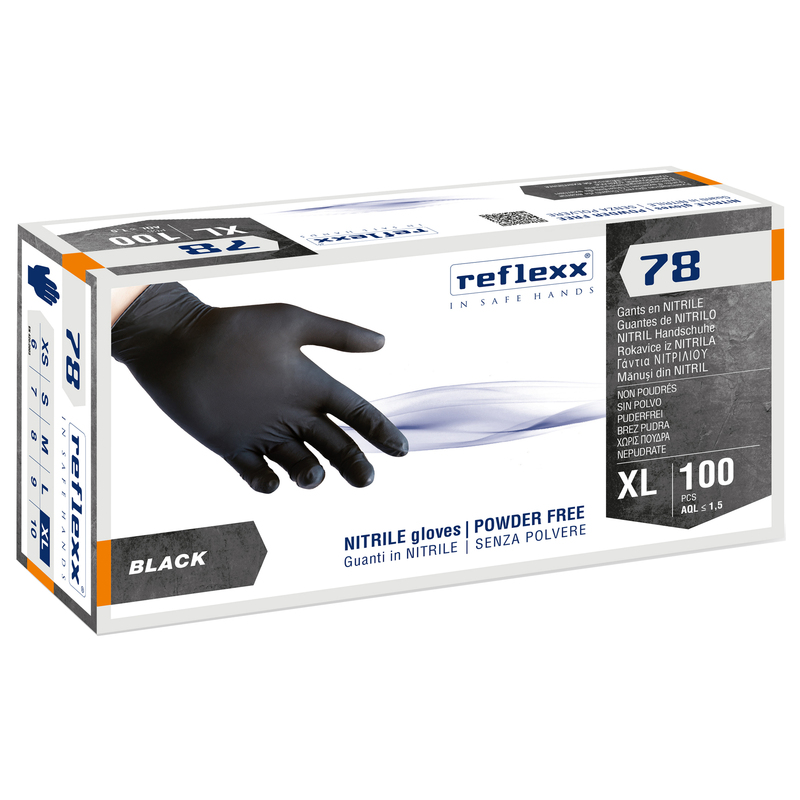 Conf 100 Guanti in nitrile R78 s/polvere tg XL nero Reflexx