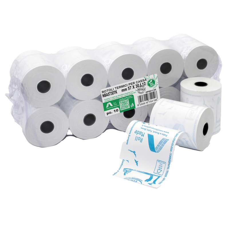 Blister 10 rotoli RC carta termica BPA free 48gr 57mm x 30mt D esterno 45mm