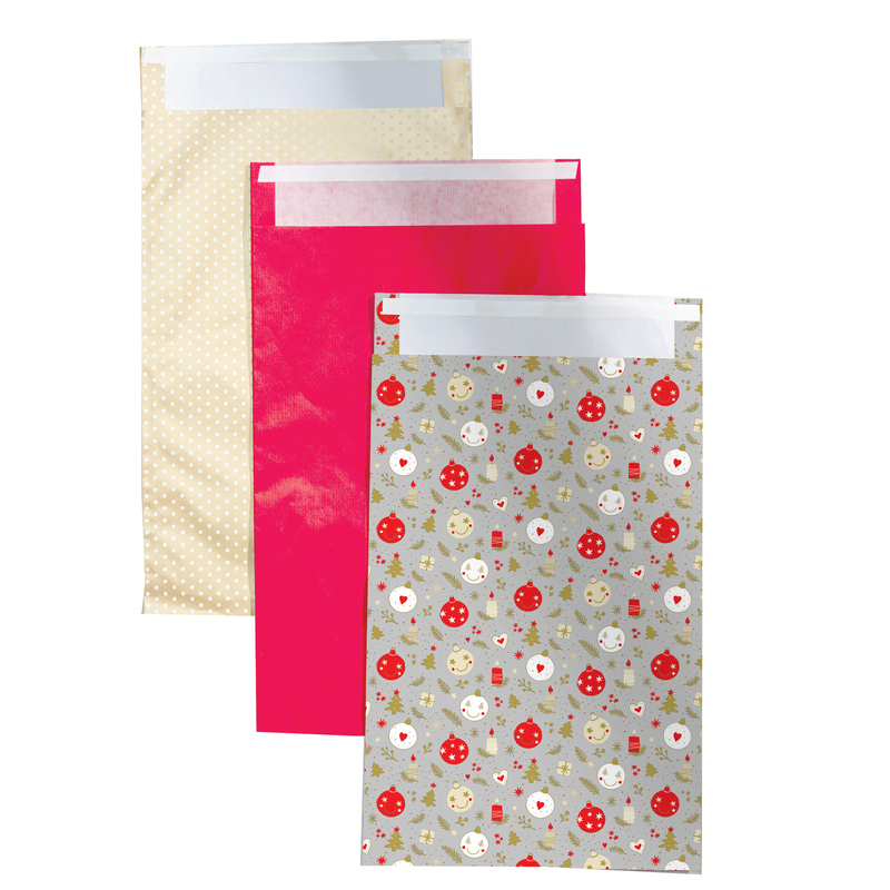 Blister 3pz sacchetto carta c/patella adesiva 20x35+5cm fantasie natale assortit